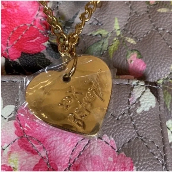 Betsey Johnson gray and pink floral print quilted satchel with crossbody strap - Picture 6 of 9